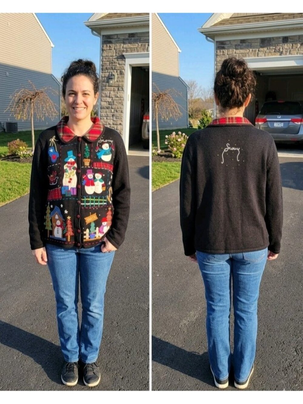 Planet & Company Christmas Cardigan Sweater Large VTG Plaid Collar Snowman Black